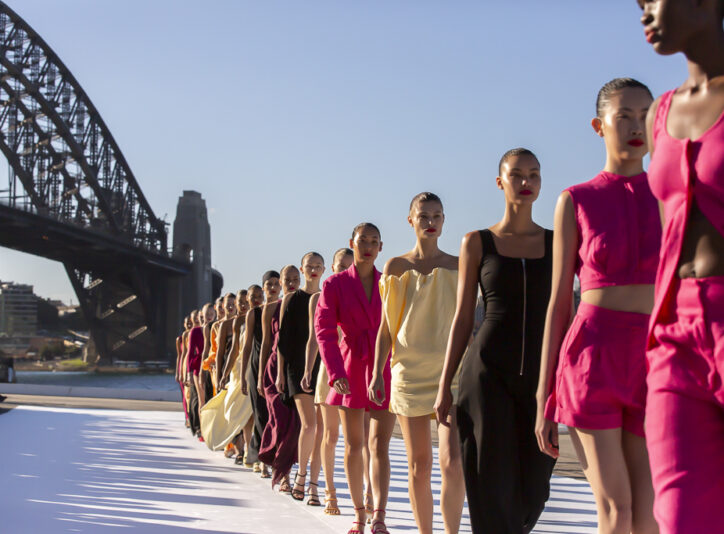 SYDNEY, AUSTRALIA - MAY 31: Models walk the runway during the BONDI BORN show during Afterpay Australian Fashion Week 2021 Resort '22 Collections at the Northern Wharf Boardwalk, Circular Quay, on May 31, 2021 in Sydney, Australia. (Photo by